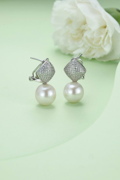 10-11mm Pavé Cushion Top Freshwater Pearl Drop Earrings